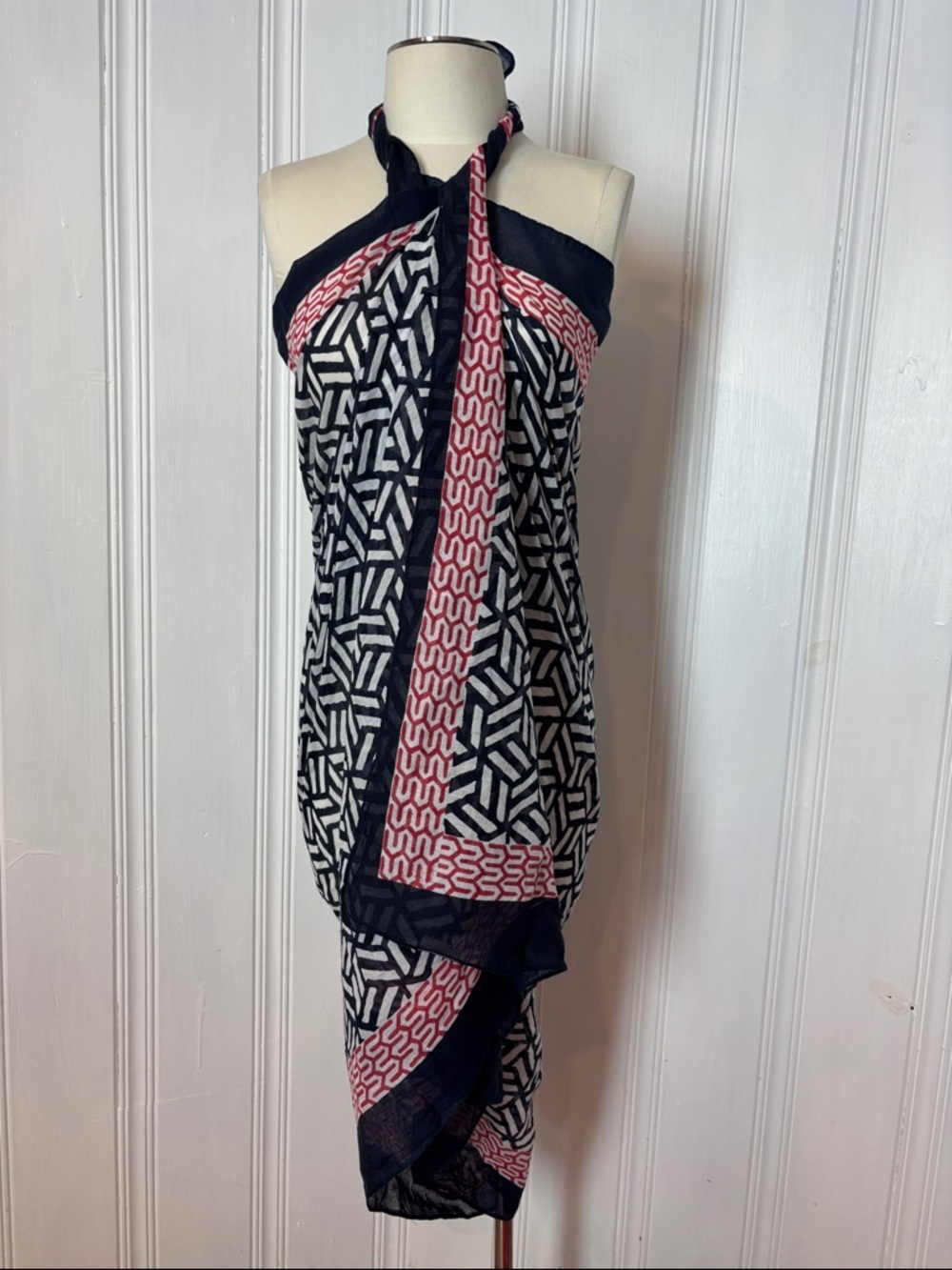 Oversized Cotton Sarong / Scarf | Navy, Red & White Geometric Print | 70” x 45”
